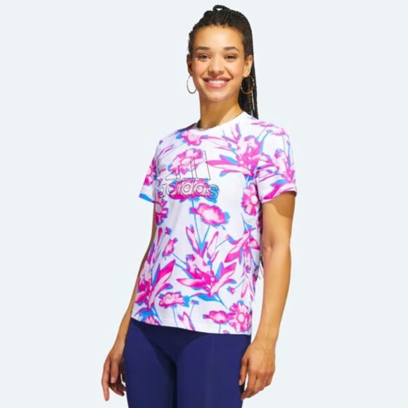 Adidas originals Women's Bloom Allover floral Print logo white Tee NWOT Small - Picture 1 of 7